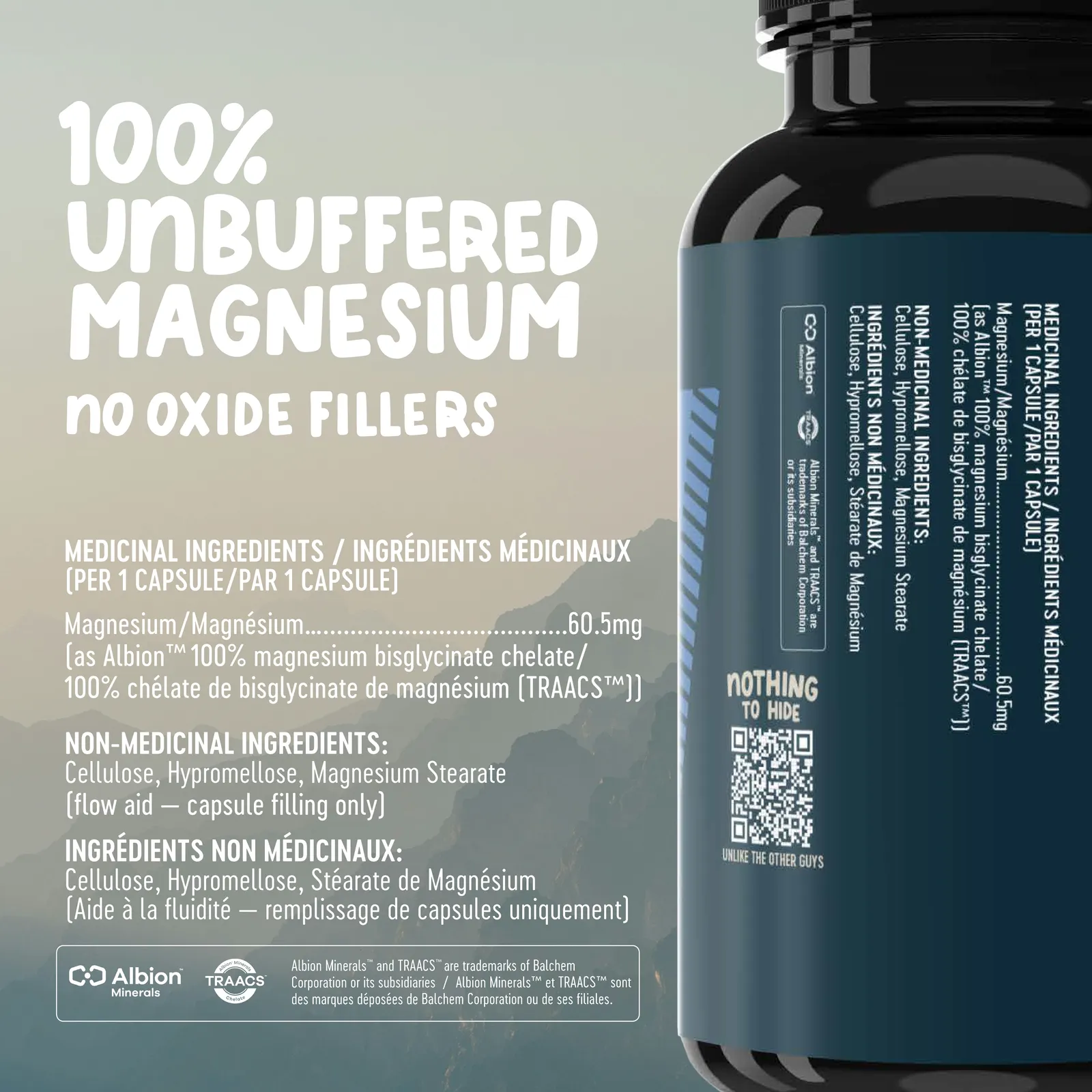 Freshfield Magnesium label: 60.5 mg per capsule as Albion 100% magnesium bisglycinate chelate (TRAACS); non-medicinal: cellulose, hypromellose, magnesium stearate