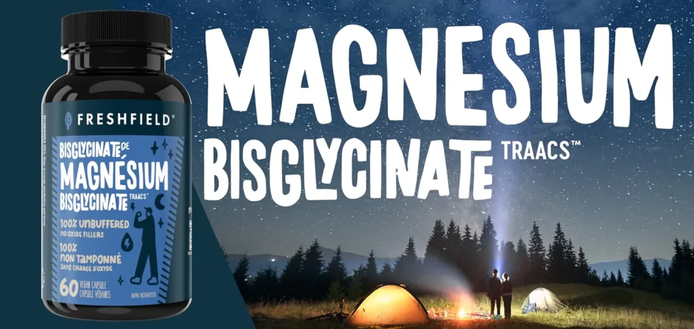 Freshfield Magnesium Bisglycinate — 100% Albion TRAACS chelate, 60 vegan capsules, unbuffered, Health Canada NPN 80148126